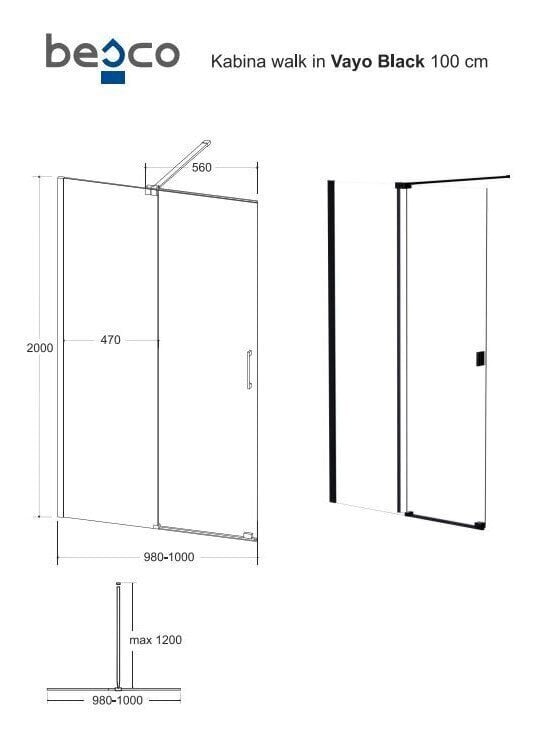 Walk-In dušas kabīne Besco Vayo Black, 100,110,120 x 200 cm cena un informācija | Dušas durvis, dušas sienas | 220.lv