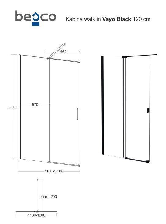 Walk-In dušas kabīne Besco Vayo Black, 100,110,120 x 200 cm cena un informācija | Dušas durvis, dušas sienas | 220.lv