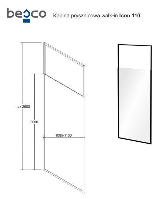 Walk-In dušas sieniņa Besco Icon, 100,110,120 x 200 cm цена и информация | Dušas durvis, dušas sienas | 220.lv