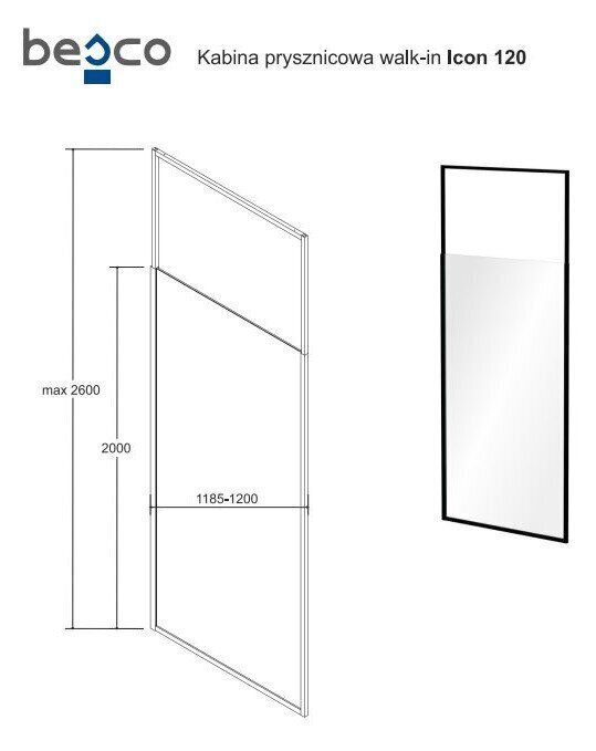 Walk-In dušas sieniņa Besco Icon, 100,110,120 x 200 cm цена и информация | Dušas durvis, dušas sienas | 220.lv