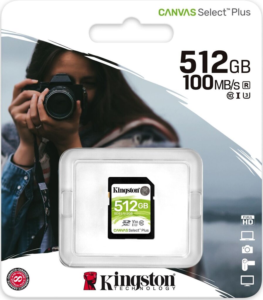 Atmiņas karte Kingston Technology Canvas Select Plus 512GB SDXC UHS-I Klase 10 цена и информация | Atmiņas kartes fotokamerām | 220.lv