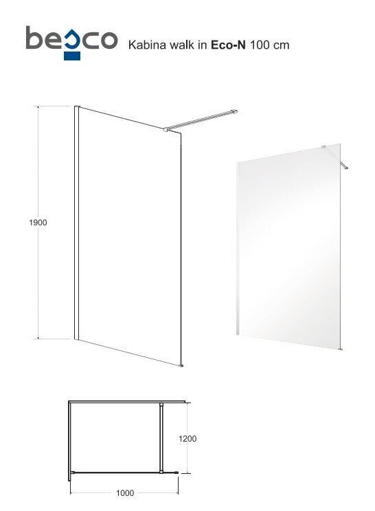 Walk-In dušas kabīne Besco Eco-N Black, 90,100,110,120 x 195 cm cena un informācija | Dušas durvis, dušas sienas | 220.lv