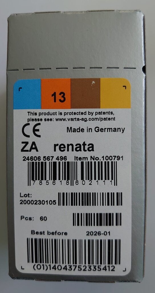 Renata baterijas (ZA13.DP6) dzirdes aparātiem (Zinc-Air), 60 gab цена и информация | Baterijas | 220.lv