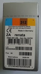 Renata baterijas (ZA312.DP6) dzirdes aparātiem (Zinc-Air), 60 gab. cena un informācija | Baterijas | 220.lv