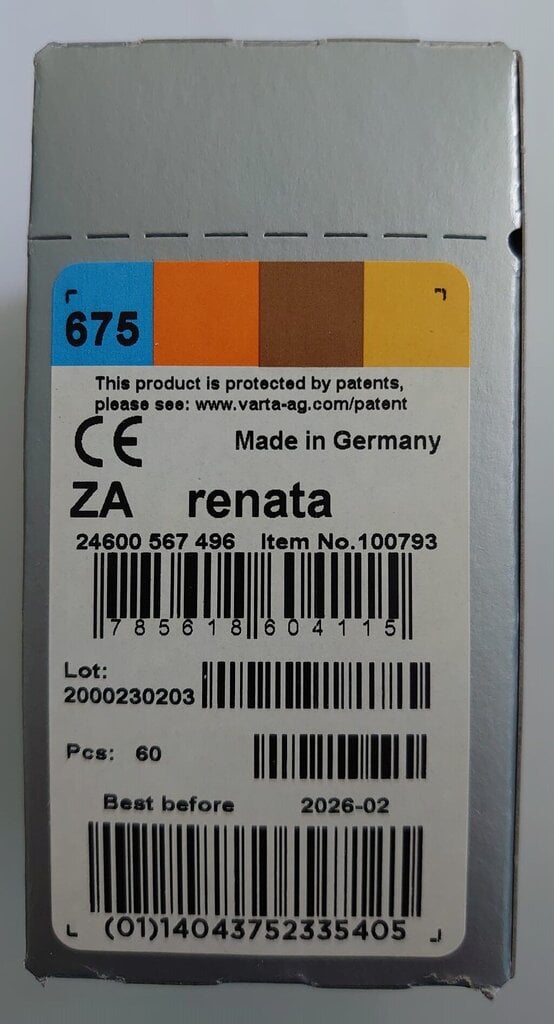 Renata baterijas ZA675.DP6 dzirdes aparātam Zinc-Air, 60 gab. cena un informācija | Baterijas | 220.lv