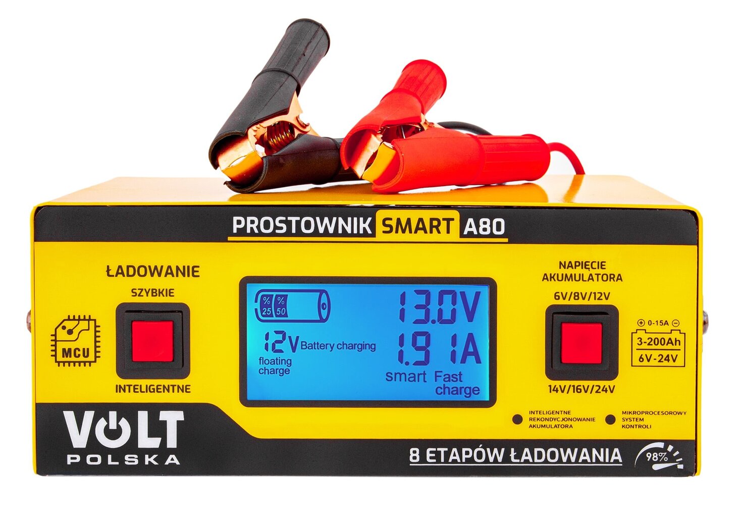 Universāls mikroprocesora akumulatora lādētājs Volt Polska LCD 6/8/12/14/16/24V 15A SMART A80 cena un informācija | Akumulatoru lādētāji | 220.lv