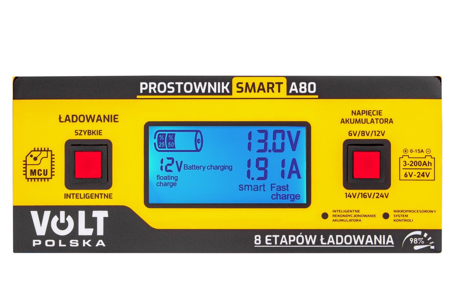 Universāls mikroprocesora akumulatora lādētājs Volt Polska LCD 6/8/12/14/16/24V 15A SMART A80 cena un informācija | Akumulatoru lādētāji | 220.lv