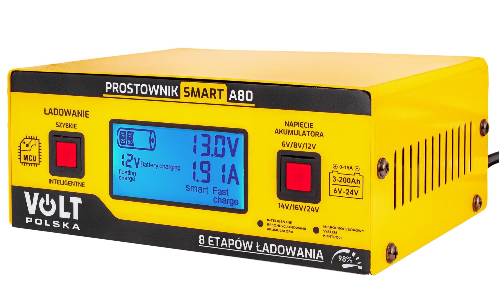 Universāls mikroprocesora akumulatora lādētājs Volt Polska LCD 6/8/12/14/16/24V 15A SMART A80 cena un informācija | Akumulatoru lādētāji | 220.lv