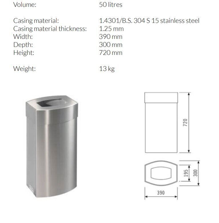 Atkritumu tvertne no nerūsējošā tērauda TP11, 50 l цена и информация | Miskastes | 220.lv