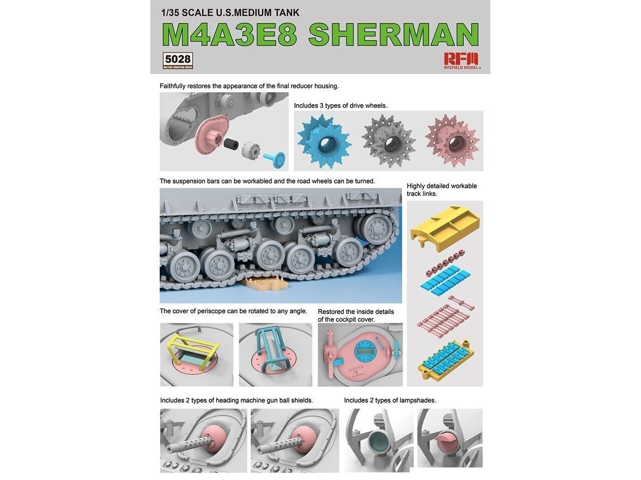 Rye Field Model - M4A3E8 Sherman w/Workable Track Links, 1/35, RFM-5028 cena un informācija | Konstruktori | 220.lv