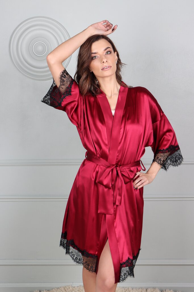 Sieviešu zīda halāts ar mežģīnēm, sarkans цена и информация | Sieviešu halāti | 220.lv