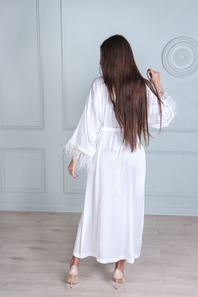 Garš sieviešu halāts ar dabīgām spalvām, balts цена и информация | Sieviešu halāti | 220.lv