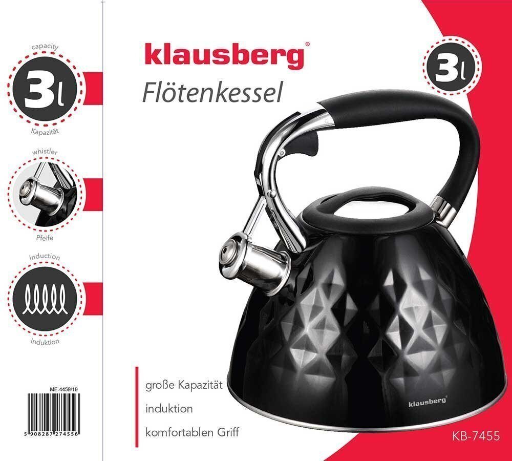 Tējkanna ar svilpi KLAUSBERG 3L KB-7455 cena un informācija | Kafijas kannas, tējkannas | 220.lv