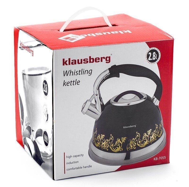 Tējkanna ar svilpes KLAUSBERG 2,8L KB-7055 BLACK cena un informācija | Kafijas kannas, tējkannas | 220.lv