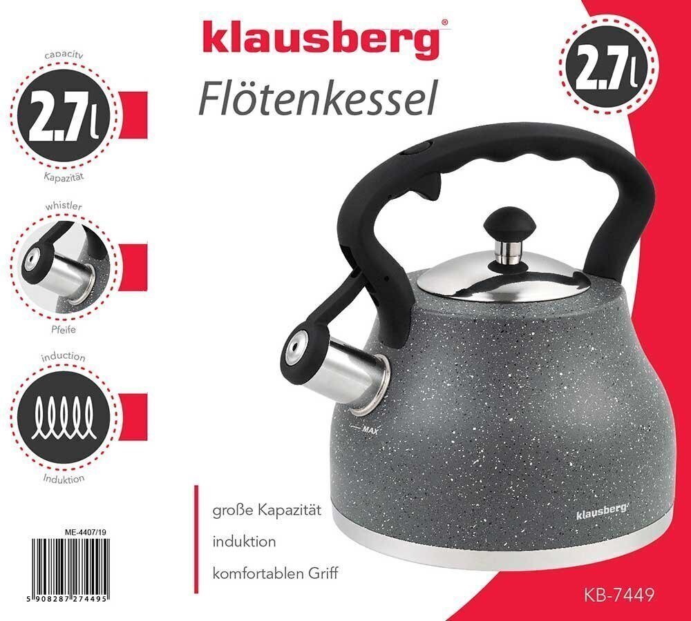 Tējkanna ar svilpi KLAUSBERG 2,7L KB-7449 cena un informācija | Kafijas kannas, tējkannas | 220.lv