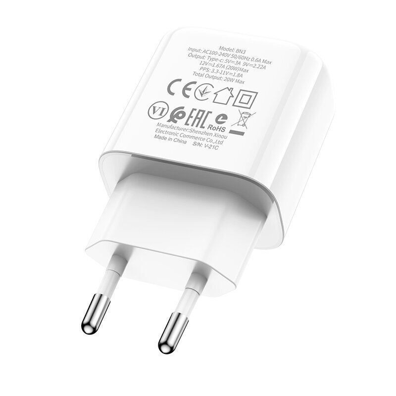Lādētājs Borofone Wall charger BN3 Premium - Type C - QC 3.0 PD 2.0 20W, balts cena un informācija | Lādētāji un adapteri | 220.lv