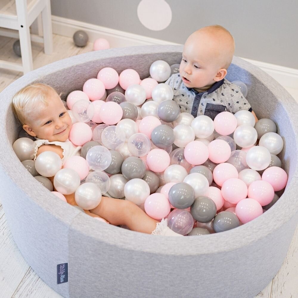 KiddyMoon apaļš bumbu baseins bērniem 90x30 cm/300 bumbiņas ∅ 7cm, gaiši pelēks cena un informācija | Rotaļlietas zīdaiņiem | 220.lv