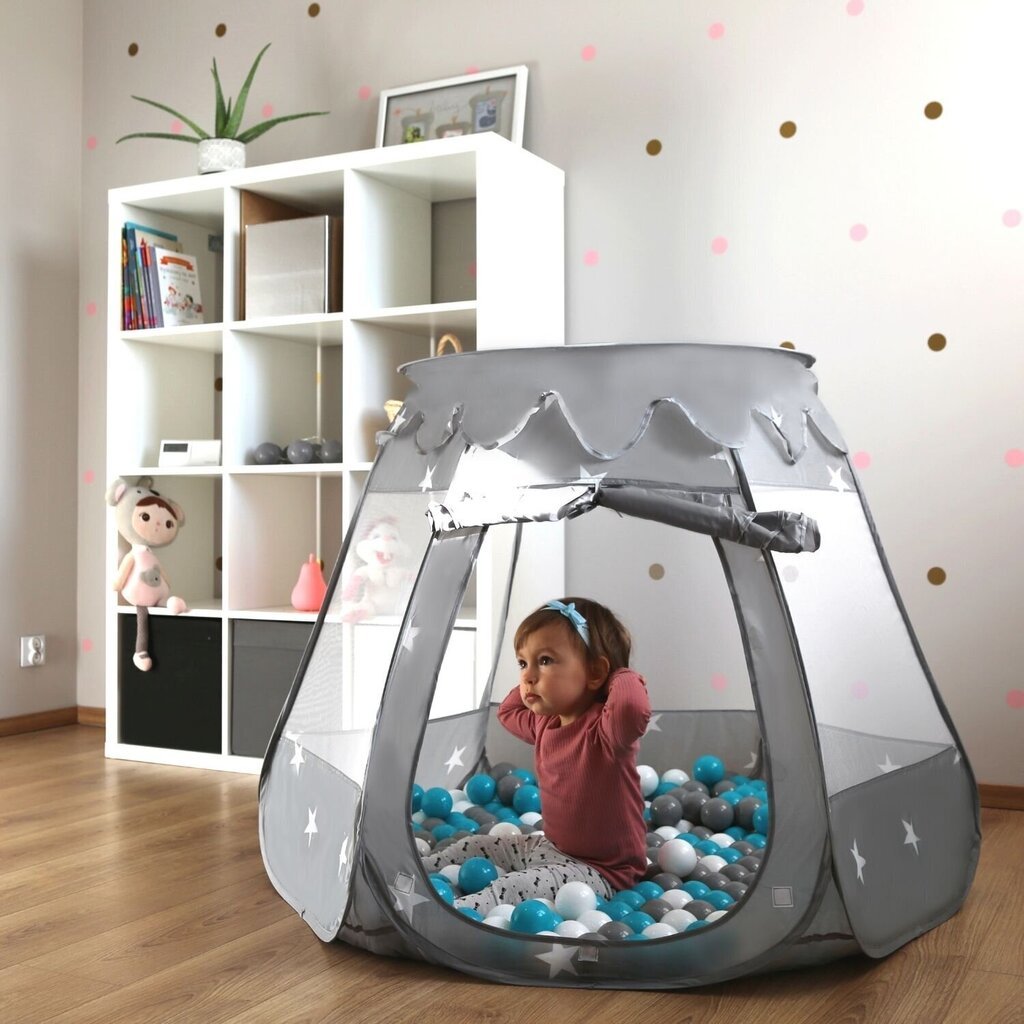 Selonis telts Pop Up ar plastmasas bumbiņām 105x90cm/100 bumbiņas, pelēka cena un informācija | Bērnu rotaļu laukumi, mājiņas | 220.lv