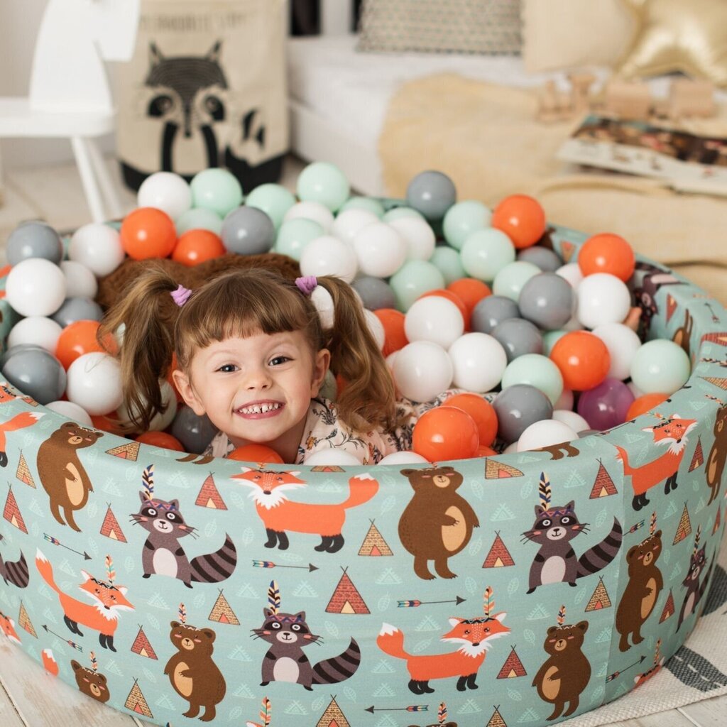 KiddyMoon apaļš bumbu baseins bērniem 90x30 cm/200 bumbiņas ∅ 7cm, ar dzīvnieku motīviem cena un informācija | Rotaļlietas zīdaiņiem | 220.lv