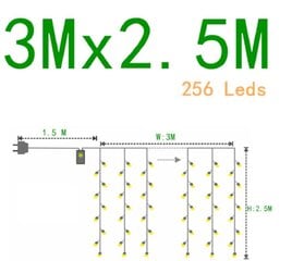 Virteņu aizkars, 256 LED 3x2,5 m, balts cena un informācija | Ziemassvētku lampiņas, LED virtenes | 220.lv