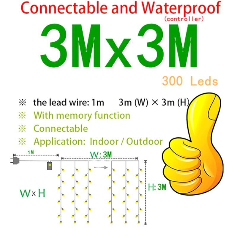 Virteņu aizkars, 300 LED 3x3 m, balts, ūdensnecaurlaidīgs cena un informācija | Ziemassvētku lampiņas, LED virtenes | 220.lv