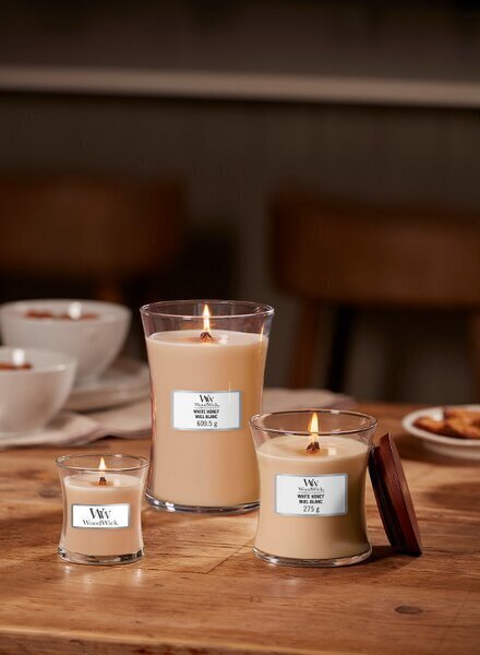 WoodWick aromātiska svece White Honey, 275 g cena un informācija | Sveces un svečturi | 220.lv