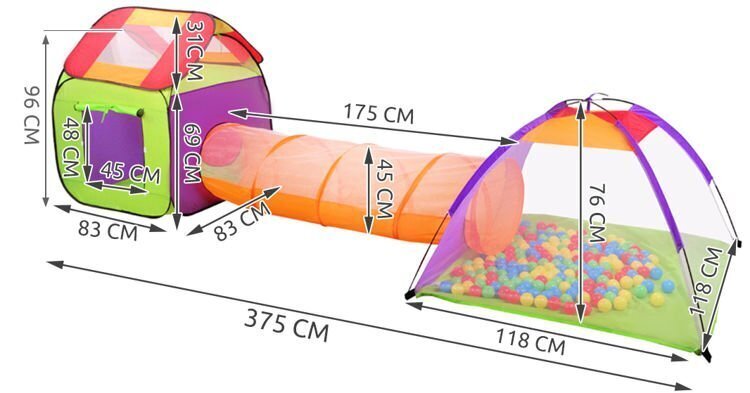 Telts bērniem 3 vienā - iglu māja ar tuneli + bumbiņas цена и информация | Bērnu rotaļu laukumi, mājiņas | 220.lv