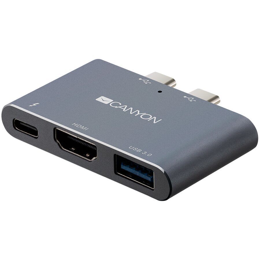 Canyon Multiport dokstacija ar 3 portiem, ar Thunderbolt 3 Dual C tipa male portu, 1*Thunderbolt 3 female+1*HDMI+1*USB3.0. Ieeja 100-240 V, izeja USB-C PD100W un USB-A 5V/1A, alumīnija sakausējums, pelēks, 59*35,5*10 mm, 0,028 kg cena un informācija | Adapteri un USB centrmezgli | 220.lv