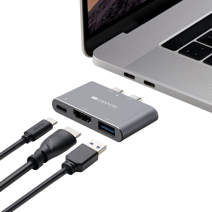 Canyon Multiport dokstacija ar 3 portiem, ar Thunderbolt 3 Dual C tipa male portu, 1*Thunderbolt 3 female+1*HDMI+1*USB3.0. Ieeja 100-240 V, izeja USB-C PD100W un USB-A 5V/1A, alumīnija sakausējums, pelēks, 59*35,5*10 mm, 0,028 kg cena un informācija | Adapteri un USB centrmezgli | 220.lv