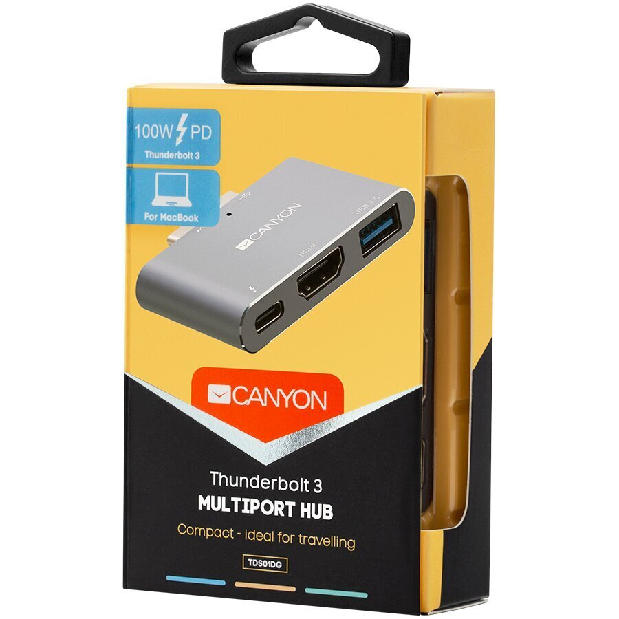 Canyon Multiport dokstacija ar 3 portiem, ar Thunderbolt 3 Dual C tipa male portu, 1*Thunderbolt 3 female+1*HDMI+1*USB3.0. Ieeja 100-240 V, izeja USB-C PD100W un USB-A 5V/1A, alumīnija sakausējums, pelēks, 59*35,5*10 mm, 0,028 kg cena un informācija | Adapteri un USB centrmezgli | 220.lv