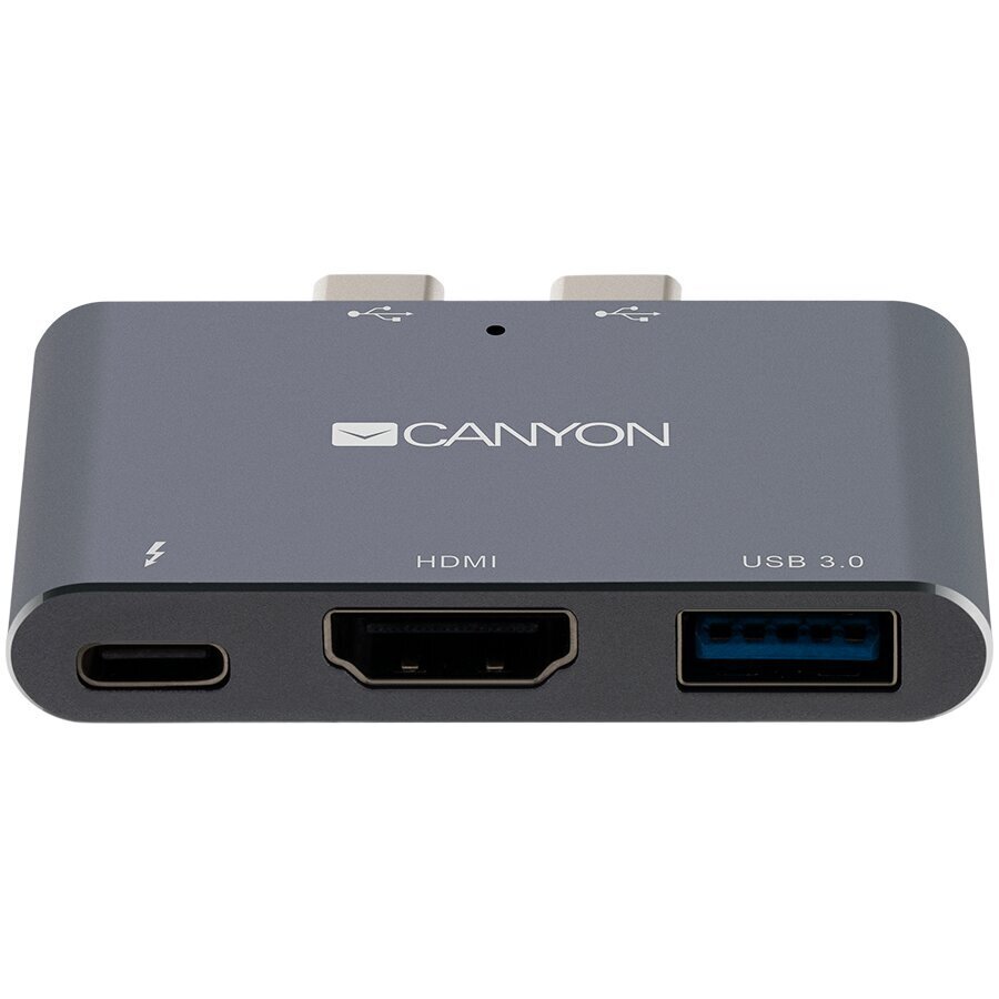 Canyon Multiport dokstacija ar 3 portiem, ar Thunderbolt 3 Dual C tipa male portu, 1*Thunderbolt 3 female+1*HDMI+1*USB3.0. Ieeja 100-240 V, izeja USB-C PD100W un USB-A 5V/1A, alumīnija sakausējums, pelēks, 59*35,5*10 mm, 0,028 kg цена и информация | Adapteri un USB centrmezgli | 220.lv