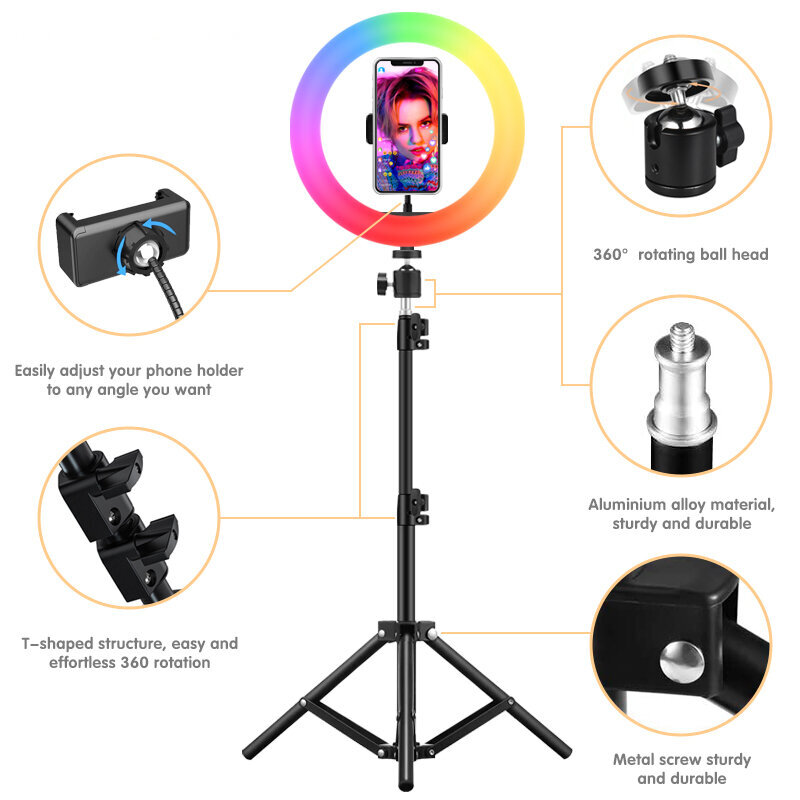 RGB LED gredzena lampa 10inch ar statīvu, telefona turētāju un bezvadu pulti cena un informācija | Apgaismojums fotografēšanai | 220.lv