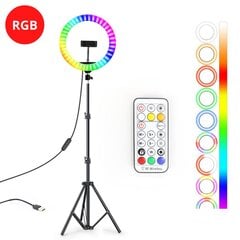 RGB LED gredzena lampa 10inch ar statīvu, telefona turētāju un bezvadu pulti цена и информация | Осветительное оборудование для фотосъемок | 220.lv