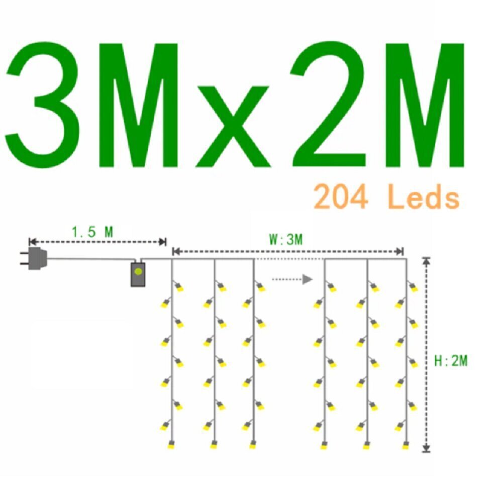 Virteņu aizkars, 204 LED 3x2 m, balts cena un informācija | Ziemassvētku lampiņas, LED virtenes | 220.lv