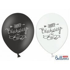 Baloni 30 cm, Happy birthday, melns un balts(1 gab. / 6 gab.) cena un informācija | Baloni | 220.lv