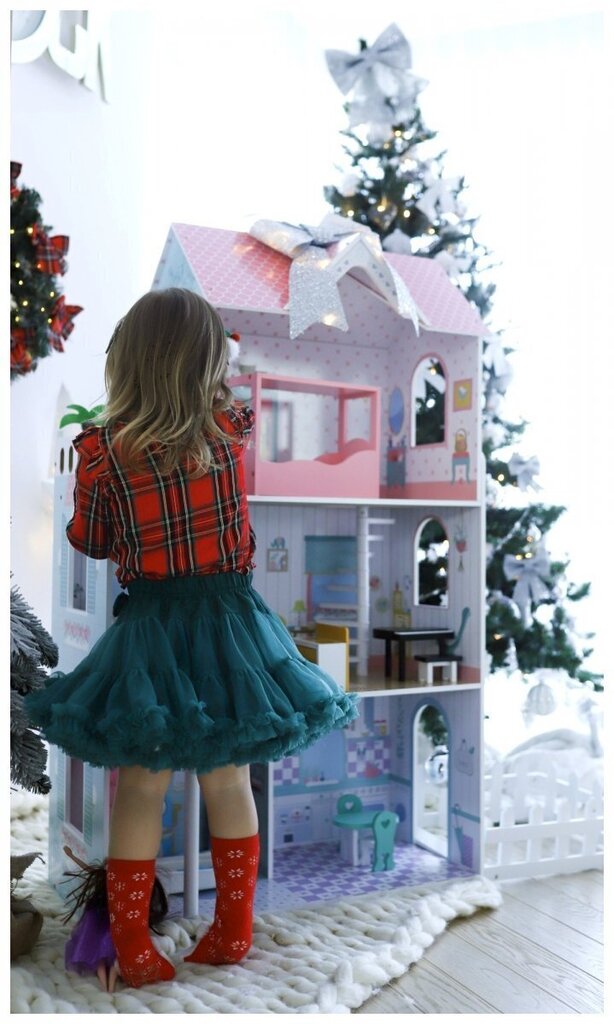 Lielākā koka leļļu māja XXL ar LED apgaismojumu, terasi, aksesuāriem un dārzu, 123 cm цена и информация | Rotaļlietas meitenēm | 220.lv