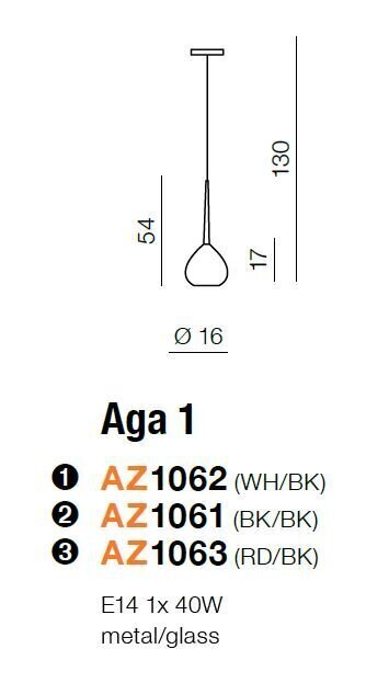 Azzardo piekaramā lampa Aga 1 Black/White cena un informācija | Piekaramās lampas | 220.lv