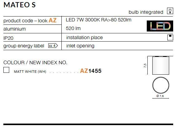 Azzardo griestu lampa Mateo S White cena un informācija | Griestu lampas | 220.lv