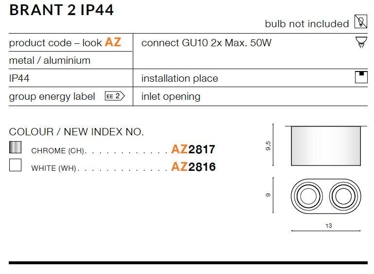 Azzardo griestu lampa Brant 2 White цена и информация | Griestu lampas | 220.lv