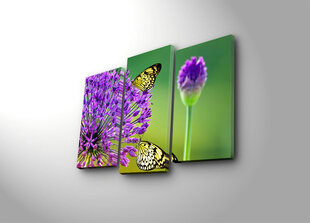 Trīs daļu reprodukcija Dzelteni tauriņi uz violetiem ziediem cena un informācija | Gleznas | 220.lv