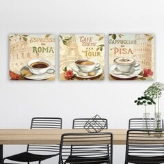 Triju daļu reprodukcija Espresso Romā, Café crème pie Eifeļa torņa, kapučīno Pizā cena un informācija | Gleznas | 220.lv