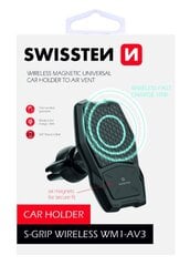 Универсальный держатель с беспроводной зарядкой Swissten WM1-AV3 Air Vent + Micro USB провод, 1.2 м, черный цена и информация | Держатели для телефонов | 220.lv