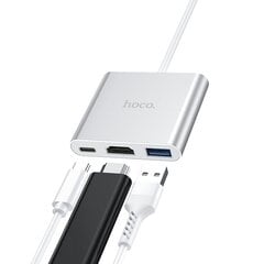 Hub adapteris Hoco HB14 Type-C / USB-C uz USB3.0 + HDMI + PD, sudraba 3in1 цена и информация | Адаптеры и USB разветвители | 220.lv