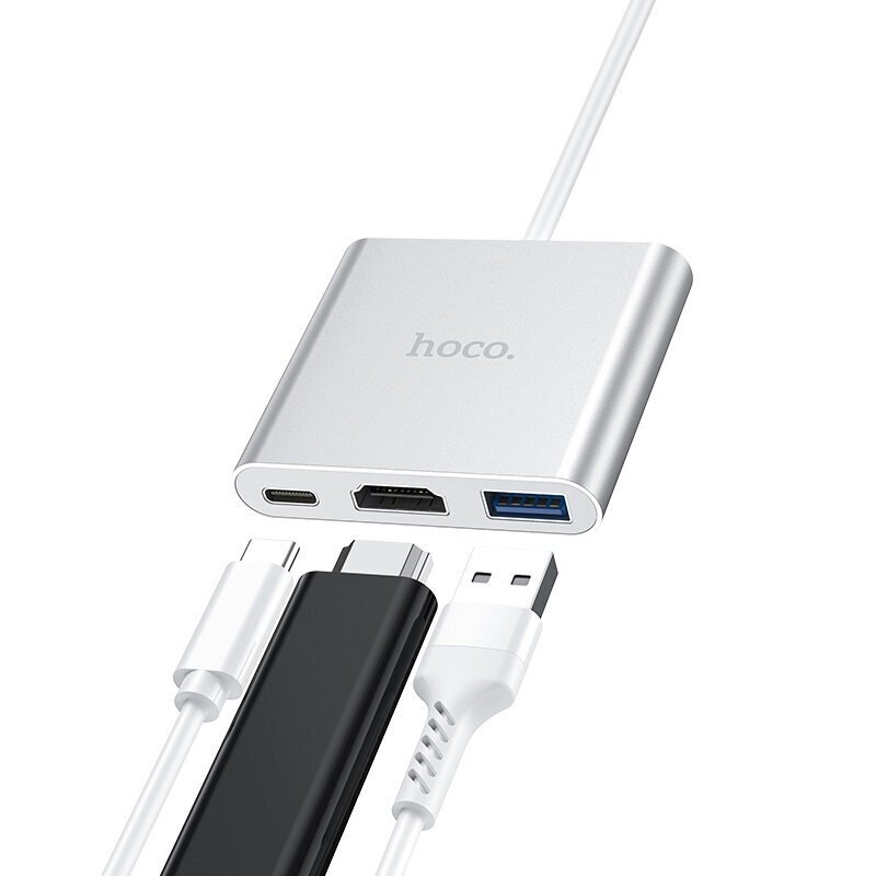 Hub adapteris Hoco HB14 Type-C / USB-C uz USB3.0 + HDMI + PD, sudraba 3in1 cena un informācija | Adapteri un USB centrmezgli | 220.lv