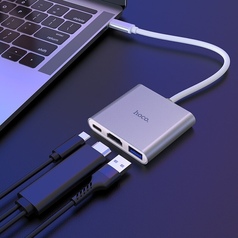 Hub adapteris Hoco HB14 Type-C / USB-C uz USB3.0 + HDMI + PD, sudraba 3in1 cena un informācija | Adapteri un USB centrmezgli | 220.lv