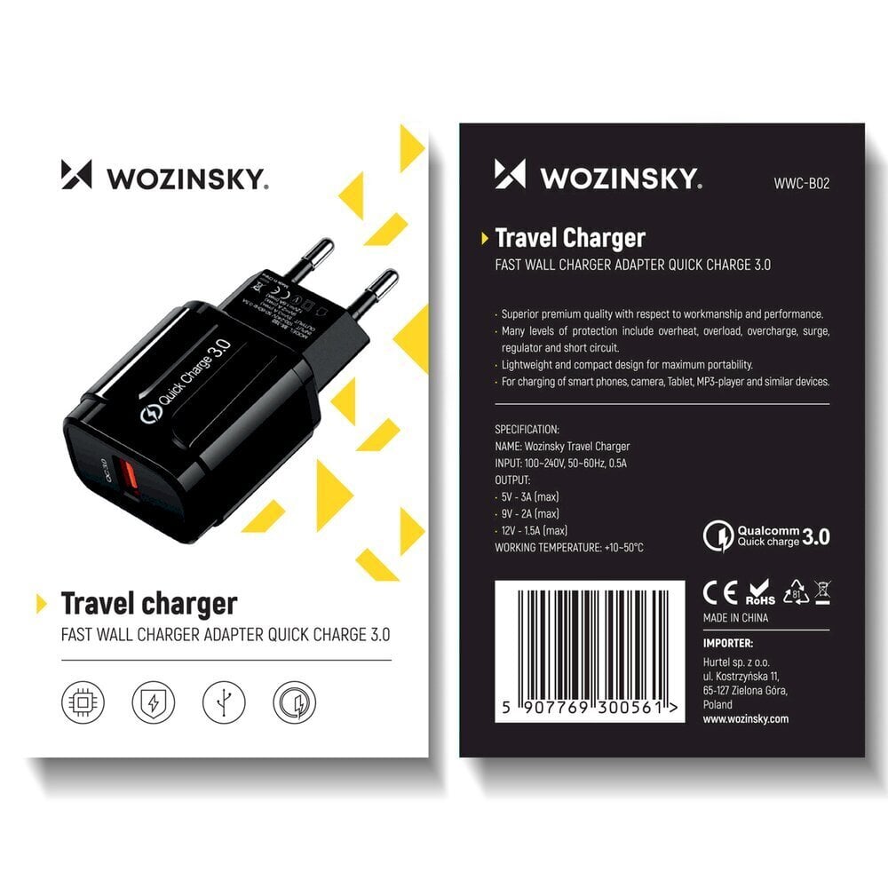 Wozinsky USB 3A Quick Charge travel wall charger WWC-B02 cena un informācija | Lādētāji un adapteri | 220.lv