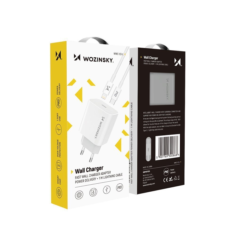 Wozinsky Quick Charger Adapter EU Wall Charger USB Type C Power Delivery 20W + USB Type C / Lightning charging data cable цена и информация | Lādētāji un adapteri | 220.lv