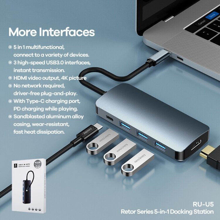 Adapteris Remax RU-U5 5 In1 HDMI, 3x3.0USB, USB-C-Type-C / USB-C dokstacija cena un informācija | Adapteri un USB centrmezgli | 220.lv