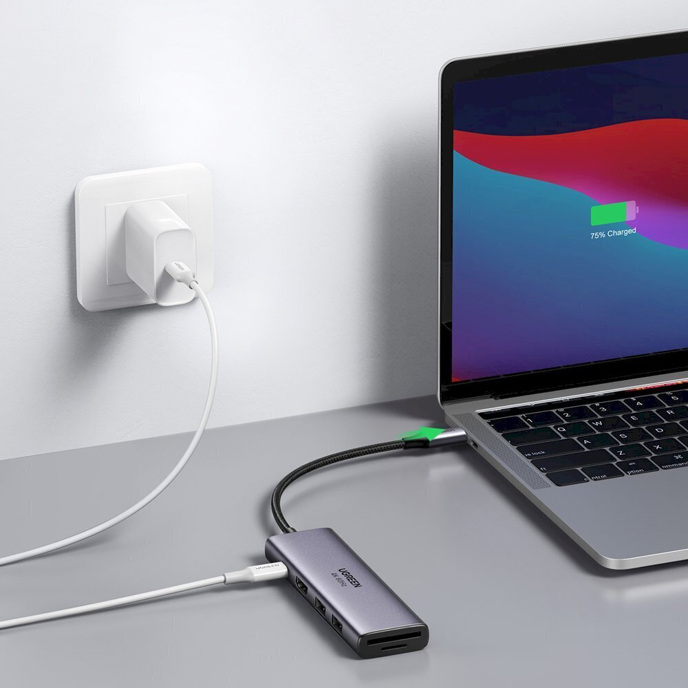 Ugreen 6in1 multifunctional USB Type C HUB - 2x USB 3.2 Gen 1 / HDMI 4K 60Hz / SD and TF memory card reader / USB Type C PD 100W gray (60384 CM511) cena un informācija | Savienotājkabeļi | 220.lv