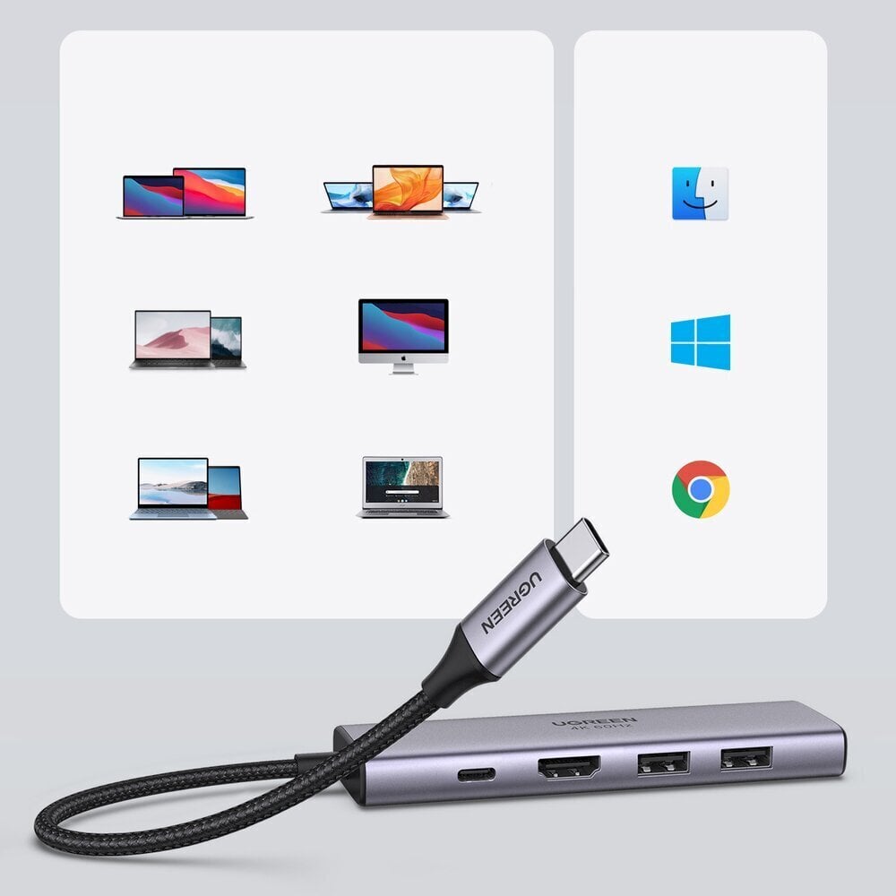 Ugreen 6in1 multifunctional USB Type C HUB - 2x USB 3.2 Gen 1 / HDMI 4K 60Hz / SD and TF memory card reader / USB Type C PD 100W gray (60384 CM511) cena un informācija | Savienotājkabeļi | 220.lv